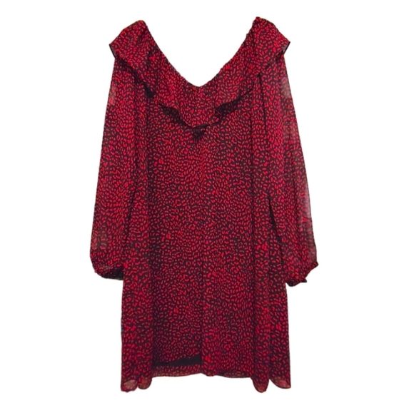 Michael Kors Red Leopard Print Ruffle Sheer Sleeve Dress Women's Size Large L - Picture 11 of 12